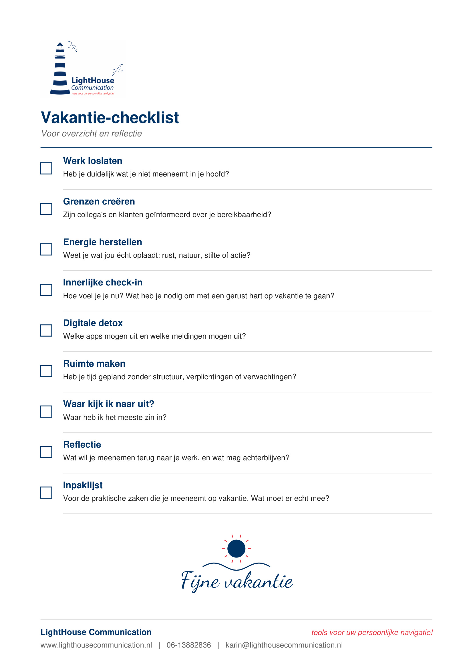 LightHouse Vakantie checklist